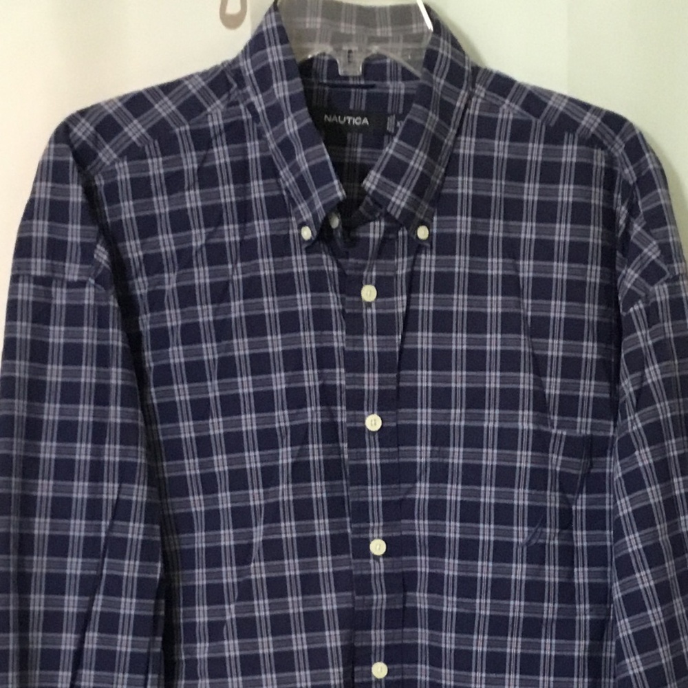 Nautica Long Sleeve Button Up Navy Blue Plaid Dress Shirt Men Size XXL EUC